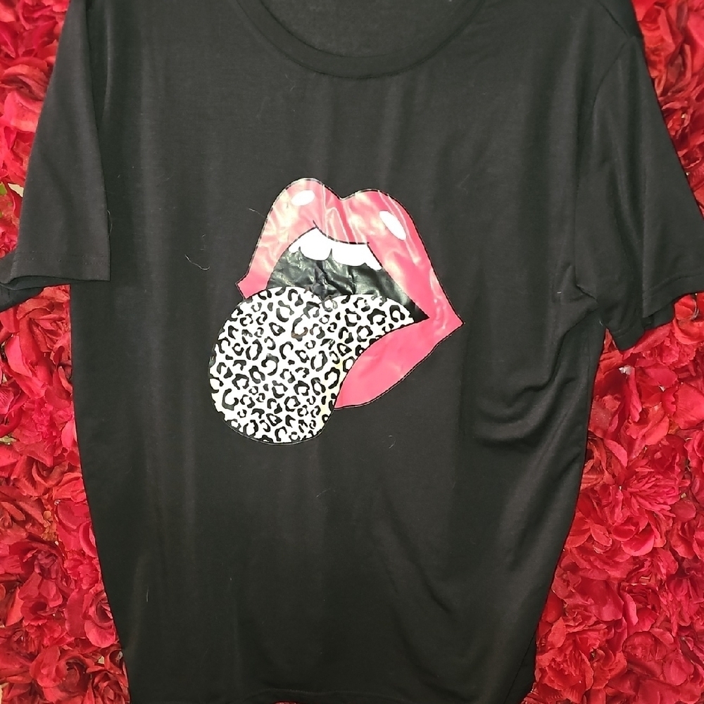 Black T-Shirt with Pink Lips and Leopard Tongue